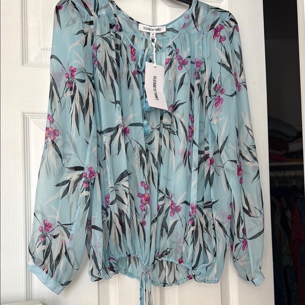 Elizabeth and James Blue and Green Flutter Sleeve Blouse with Tie Front